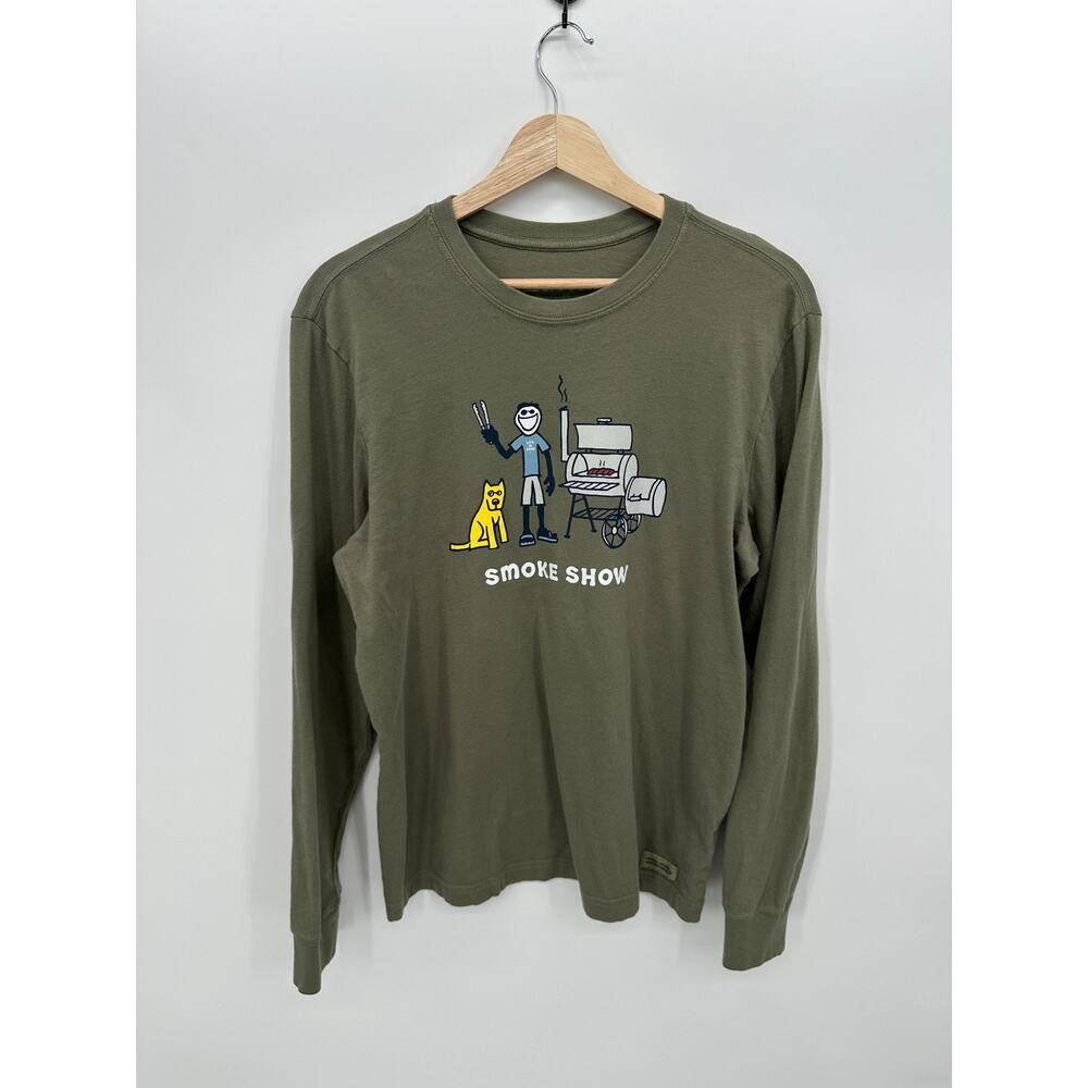 Life‎ is Good Mens Green Smoke Show BBQ Long Sleeve Crusher-Lite T-Shirt Size S